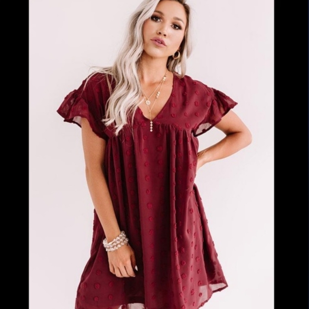 Entro Women's Swiss Dot Flutter Sleeve Babydoll Mini Dress Maroon Sz L